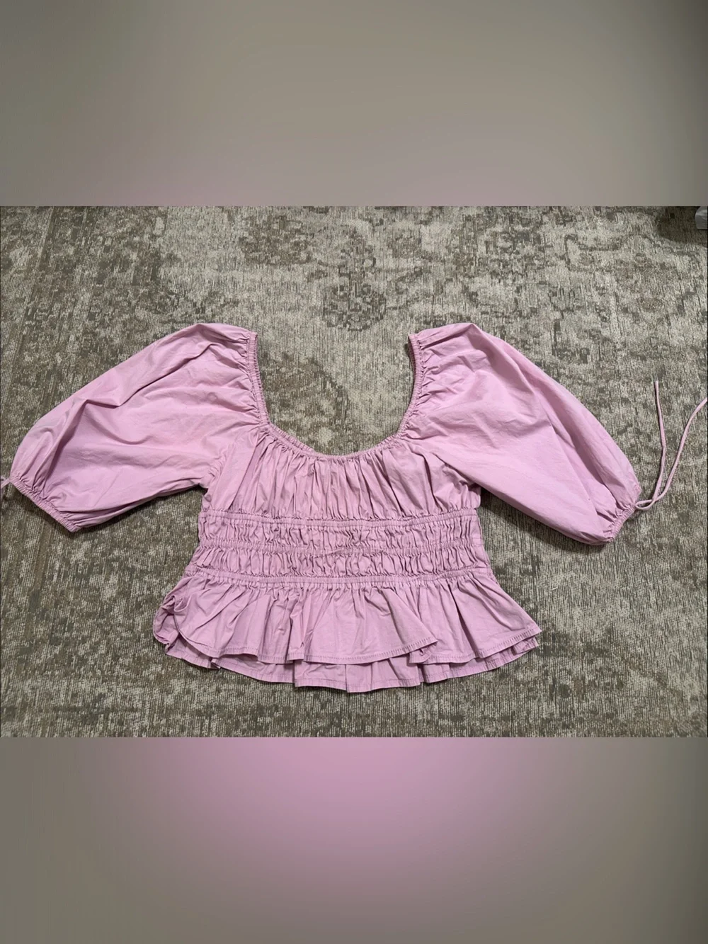 STAUD Pink Puff-Sleeve Smocked Peplum Blouse